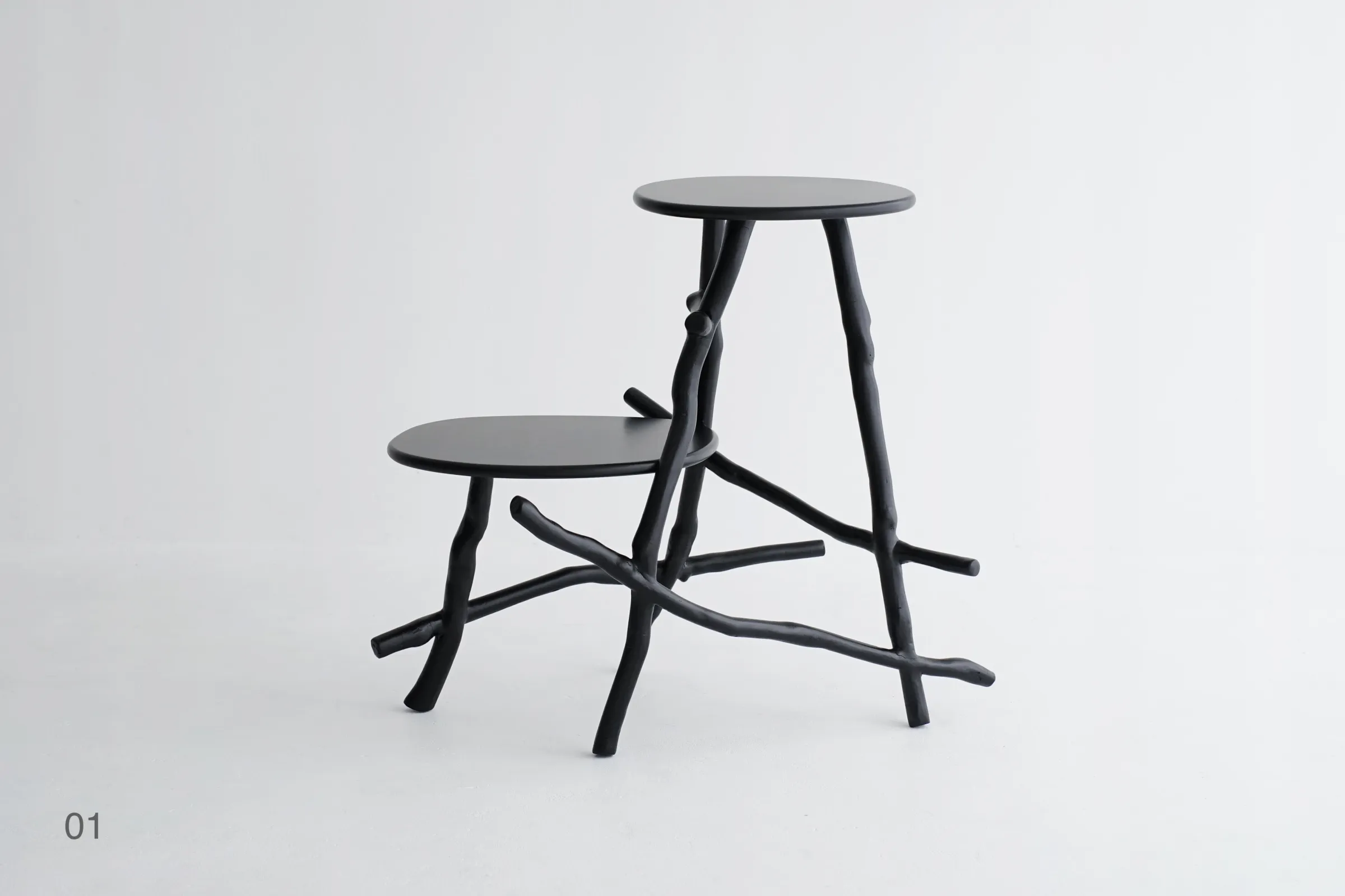 Uneri 01 tall and low tables made of camphor and zelkova branches with linden plywood tops in black enamel